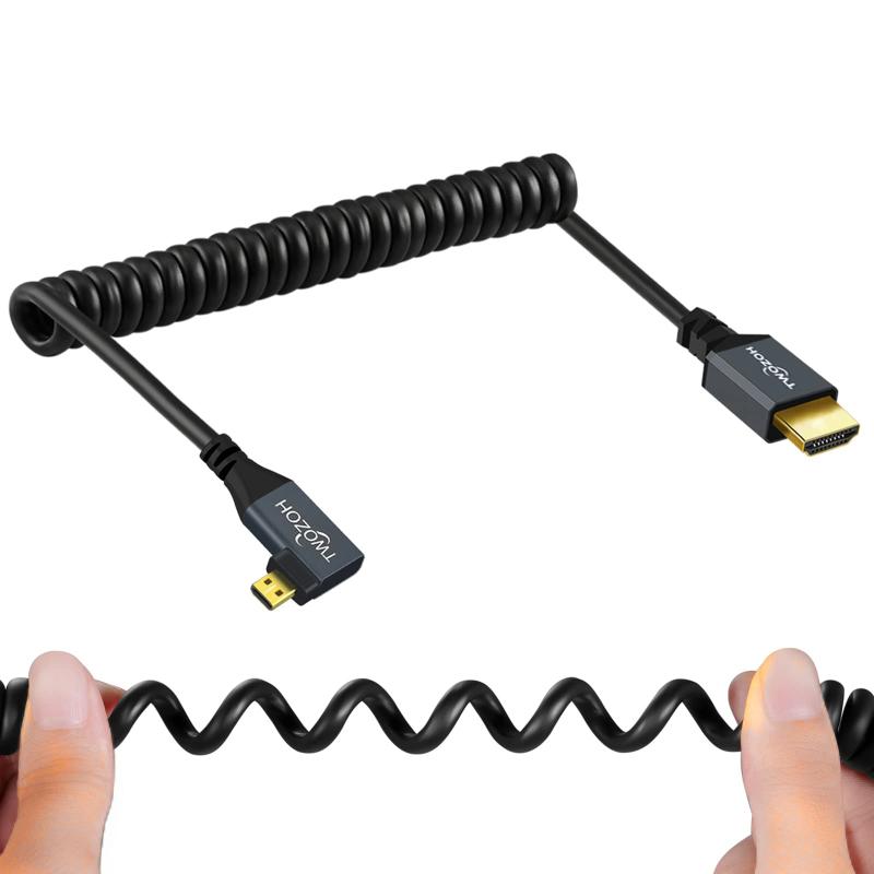 Twozoh Micro HDMI to HDMIケーブル HDMIタイプAオス-Micro HDMIタイプD(Micro)オス 90° (右L型) 4K/60Hz,1080p 伸縮調節可能(150cm延長対応)【ケーブル長】Micro HDMI to HDMIケーブル，マイクロhdmi自然状態長さ:0.3m、最大伸長長さ：1.5m。　【注意】 本HDMIケーブルは、Micro HDMI to HDMI変換アダプタ オス-メスご使用の機器のmicro hdmiポートであることをご確認ください。【高速】:高速Micro HDMI to HDMI変換アダプタ、hdmi タイプd タイプa，最新のhdmi規格(4 kビデオ60 hz、2160p、48 bit/pxの色深度)を満たし、最大18 gbpsの帯域幅をサポートし、以前のバージョンと下位互換性があります。【超耐久性】4K Micro HDMI to HDMI ケーブル、HDMI タイプd タイプa ，金メッキコネクタにより、安定した信頼性の高い信号伝送を実現。fol &amp;ナイロン編みシールドは、電磁干渉を低減することができます。【特注】高速マイクロHDMI to HDMI ケーブル、hdmi タイプd タイプa；ご注意：これはMHL ケーブル及びマイクロUSBケーブルではない。