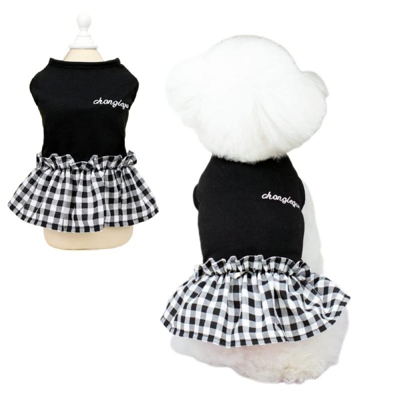Timoya 犬服 ワンピース 春夏 お姫様 ドレス スカート 可愛い チェック柄 袖なし 犬の服 ペット服 tシャツ 柔らかい 綿製 通気 伸縮性 ペットウェア ドッグウェア 人気 ファッション 小型犬 中