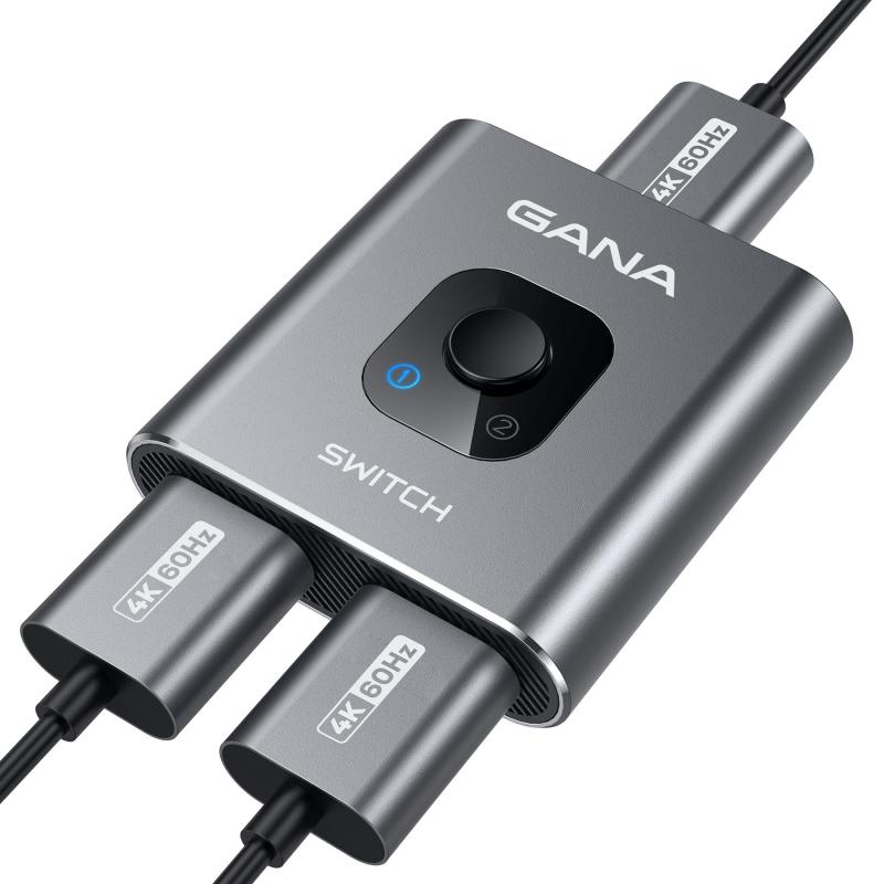 HDMI切替器 4k@60hz HDMI分配器、GANA双方向 hdmiセレクター 1入力2出力/2入力1出力 手動 Hdmi 切り替え器 Xbox PS5/4/3 DVDプレーヤーFire Stick適用 グレー1️⃣【HDMI切替器】：GANAのHDMI切替器、三つのhdmi端子があり、本分配器は2入力→1出力、1入力→2出力、機器を双方向に入出力できます。ご注意：2台のモニターあるいはディスプレイを同時に出力できません。2️⃣【高解像度】本HDMI切替器は、4K 60Hz 1080P 60Hzまでの解像度に対応しており、美しく高精細な信号を出力でき、臨場感溢れる高精細な大画面映像を楽しみます。3️⃣【簡単に使用】電源とドライバが必要ありません。HDMI分配器には切替スイッチが付属しています、ワンタッチ切り替え、非常に便利です。 2つのLEDランプ付きで、作動中の機器はひと目で分かります。4️⃣【高速・安定な伝送】HDMIスイッチーは高帯域幅3.4Gbpsのデータの長距離伝送をサポートして、音声と画面が歪めないし信号も遅延しません。セット内容：HDMI切替器*1、説明書*1。ご注意：HDMIケーブルは含まれていません。別途購入する必要があります。5️⃣【対応機種】HDMIポート付きの設備に適用します。入力： XBox 360、XBox One、PS3/PS4Pro/PS5、任天堂スイッチ、Blu-Ray DVDプレーヤー、Chromecast、PCなど。出力：テレビ、HDTV、Apple TV、モニター、プロジェクターなどです。