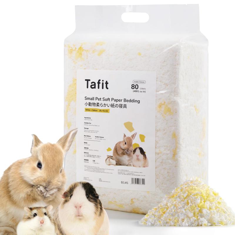 TAFIT ハムスター 床材 紙 ハムスター マット ペットシーツ 小動物 床材 天然素材 紙 超ふわふわ 消臭 快適 ジャービル モルモット ウサギ ラットに適しています 小動物用 80L 白と黄柔らかく快適：100%天然パルプ製、有害化学物質無添加。生物分解可能で環境にやさしい紙寝具です。99% ダストフリー：低塵設計でアレルギーの心配が少なく、小動物の呼吸器系を守ります。5倍の吸収力：自体の5倍の吸水能力で、住処を長時間乾燥に保ちます。天然素材の安心感：低アレルギー性で天然染料使用。水に濡れても色あせせず、通気性も抜群です。80L/袋の圧縮パッケージ：コンパクトに収納でき、送料や保管スペースを節約。小型ペットに最適です。