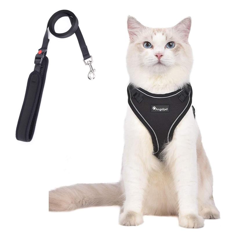 猫 猫用 ハーネス 胴輪 猫具 ねこ ネコ 子猫 子犬 小型犬 散歩 お出かけ 抜けない ベスト ソフト胸あて 軽量 頭を通さずマジックテープで装着 サイズ調節可 夜反射 通気メッシュ (Mサイズ (x 1
