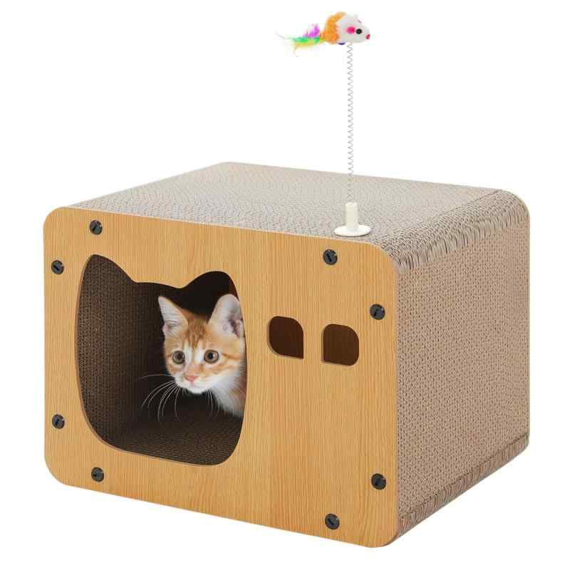 PAWZ Road 猫 爪研ぎ 爪とぎハウス ダンボールハウス 組み立て式 高強度 高密度 木製 紙箱 キャットハウス 猫用品 猫のおもちゃ付属 コンパクト 収納簡単 省スペース 通気性 カリカリ テレビ型