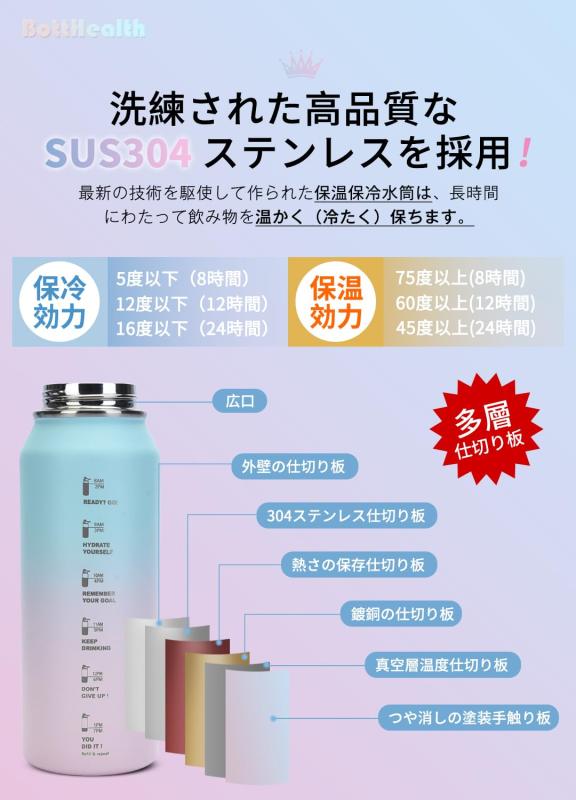 BottHealth 保冷 水筒 1リットル 1000ml 魔法瓶 直飲み 漏れ防止 SUS304 ステンレ...