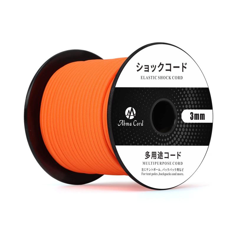 Abma Cord ショックコード バンジーコード 3mm ゴム紐 ゴムロープ 30M テントポール テントフレーム補修 DIY用-ブライトオレンジ【材質とサイズ】このストレッチコードの内芯:天然ゴム 表地:高強度ポリエステルに作られ、摩耗しにくく、防カビ、UV耐性に優れています。軽量で、強力で、耐摩耗性で長持ちできます。サイズ：直径3mm x長さ30m【弾性抜群】表面はポリエステル繊維を使用し、細かい敷き柄の滑らかな構造を採用しているため、よりコンパクトになり、弾性の耐用年数を延ばすことができます。【天然ゴム】内芯は数本の天然ゴムひもで構成され、普通のショックコードより強いです。伸び率100％程度と成る様に選定します。外皮と内芯がの2層式になっていて耐久性に優れます。【利用範囲】テントポールの補修以外、トレーラー、靴ひも、カーゴネット、カヌー、荷物ストラップ、DIY、アウトドア製品、その他多くの一般的な用途に適しています。【ご注意点】外側は繊維なので、カット面がホツレや糸抜けすることがある場合、先端を熱溶かしてからご使用ください。念のため、使用用途に合ったテストをした後にご使用ください。