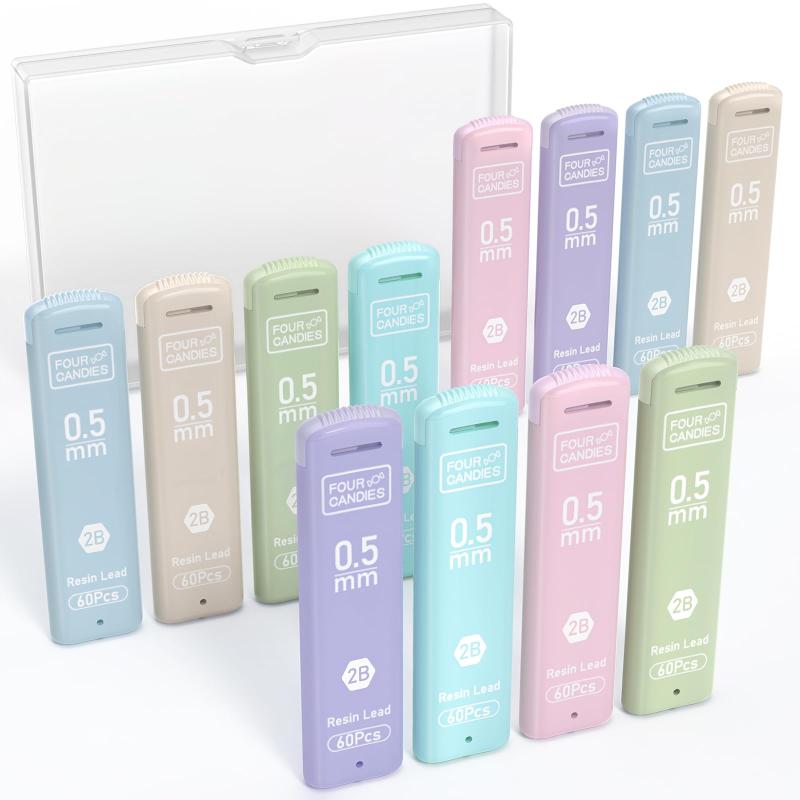 Four Candies 0.5mm芯替芯 720本 2B 折れにくい シャープペンシル替芯 0.5芯入りチューブ12本 1本あたり60本入り内容：0.5mmHB＃2鉛筆リフィル720本入り、芯の長さ60mm、チューブ1本につき60本入り、合計12本入り。カラフルな芯ケース：6色のマカロンカラーでデザインされた芯ケース。フレッシュで愛らしい色合いは、女の子の学用品に最適です。芯は黒の樹脂製。小箱収納： このシャープペンシル替芯は、お届け時に箱に入れてお届けします。滑らかな書き心地： 高品質の樹脂製で、耐久性に優れ、色あせしにくく、滑らかな書き心地。多彩な用途： 0.5mmのシャープペンシルと互換性があり、学校の課題、芸術的なデッサン、オフィスでのメモ書きなど、日々の様々な筆記ニーズに最適です。