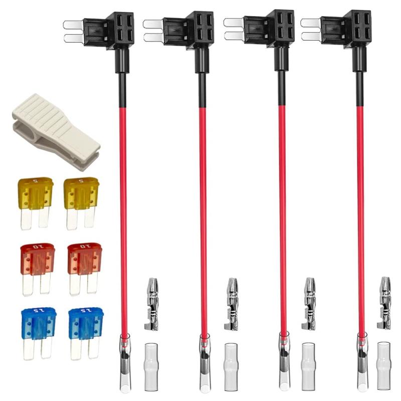 Gebildet 4 個の 12V-24V Micro2回路 ヒューズ タップ、ピギーバック ブレード ヒューズ ホルダー、ワイヤ ハーネス付き、6 個の Micro 2 ヒューズ (5A/10A/15A) およびヒューズ プラー