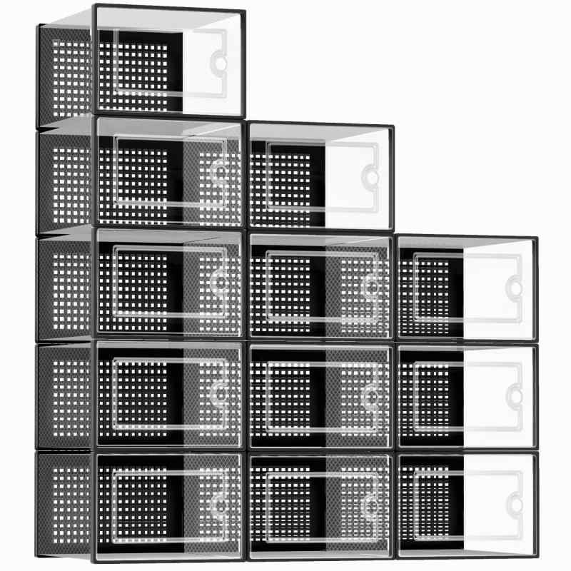 Kuject12個セットシューズボックス 多層積み重ね可能 収納ボックス シューズラック 靴棚 玄関収納 下駄箱 大容量シューズケース（ブラック）Space Saving for Entryway, Black, 12 Pack