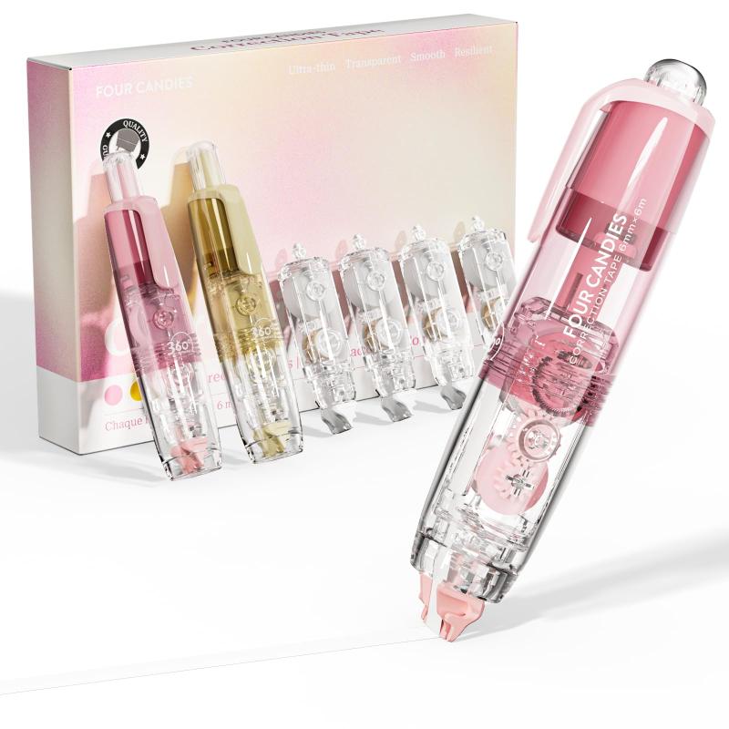 Four Candies 修正テープ 詰め替え式 6mm かわいい ペン型 本体2個＋4個の追加詰め替え 使いやすい ミニサイズ おしゃれ プチギフト 女の子 男の子 小学生 学校やオフィス用品に最適（ピンクエクストラロング修正テープ: 各ホワイトアウト修正テープの長さは6.00mあり、2本のテープと4つの交換用リフィルがセットになっています。合計で36.00m以上の長さ 長時間の勉強ノート、オフィス文書、原稿作成など、どんな作業にも対応可能で、修正が簡単に行えます広い修正範囲: 0.23インチ（6mm）の幅により、広い範囲をカバーでき、大きなミスや広いエリアの修正が容易になります。広い幅は、迅速な修正を可能にし、時間と労力を節約します。また、安定性と操作性が向上し、スムーズな修正プロセスを実現しますリフィル機能: テープが使い終わった後、内側のコアだけを交換すれば良いので、新しいセットを購入する必要がありません。さらに、4つの交換用テープが付属しているため、修正テープの寿命をさらに延ばせます明確な視認性とカラーバリエーション: 透明なデザインのかわいいホワイトアウトテープは、残りのテープの量を明確に確認でき、重要な場面で使い切る心配がありません。モダンでさわやかな印象を与えます実用的なデザイン: ペンのような形状とリトラクタブル（引っ込める）デザインにより、修正ペンは快適に使えます。ボタンを一押しするだけでテープの先端がディスペンサー内に収納され、使用しない時のテープの乱れを防ぎます。左右両手利きのユーザーにも対応しており、収納にも便利です即時書き直しと精密な修正: ペーパーを傷つけたり、コピー時の影が残ることなく即座に修正できます。修正テープを軽く滑らせるだけで、新聞記事や写真など様々な表面に正確な修正が可能です。耐久性のある粘着性で、磨耗や引っかき傷に強く、文書を新品同様に整えます 学校用品としても最適です