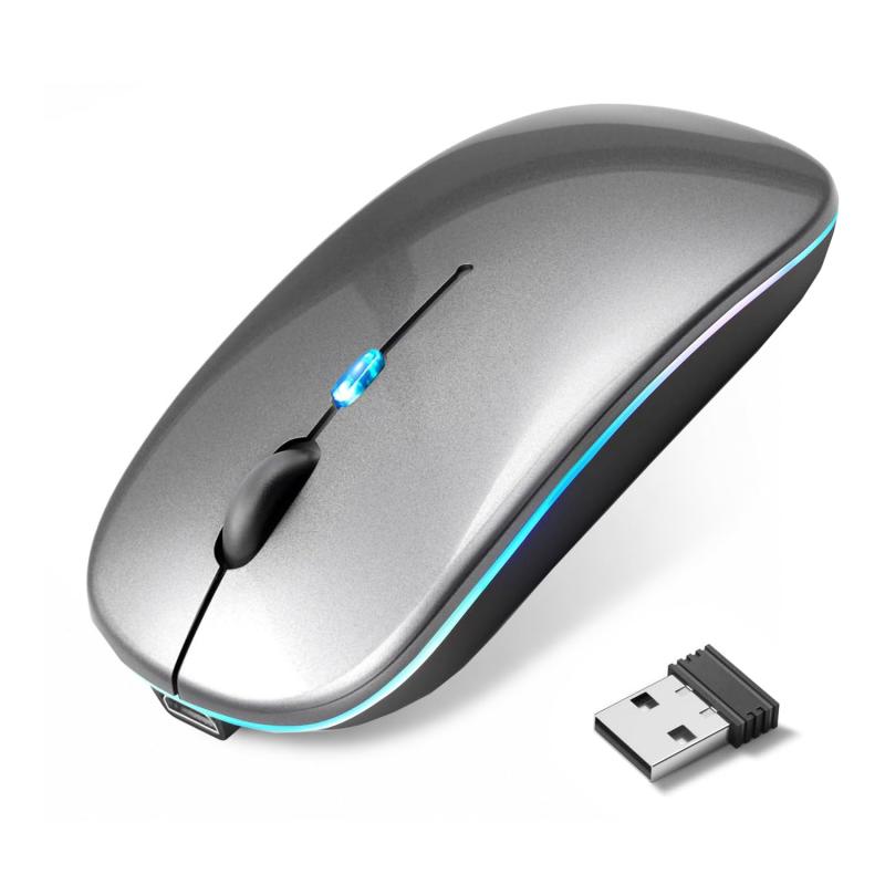 マウス 無線 静音 ワイヤレスマウス Bluetooth 5.4 2.4GHz Type-C 充電式 無線マウス 薄型 3段階DPI切替（グレー）【3 段階 DPI 調整機能】3 段階 DPI 調整機能を搭載し、使用シーンに合わせてマウスの感度と移動速度を自由に調整することができます。800／1200／1600 の 3 段階の DPI をワンタッチで簡単に切り替え可能で、事務作業や文書作成、ネットサーフィンから、ゲーミングやクリエイティブ作業まで、あらゆる場面で最適な操作感を実現。設定方法は非常にシンプルで、パソコン初心者の方でもすぐに使いこなせる使いやすさが魅力です。【Bluetooth5.4＋2.4GHz デュアル無線】超低遅延と強力な省電力性を実現する最新 Bluetooth5.4 を搭載するとともに、接続安定性に優れた 2.4GHz 無線接続技術を採用。ノートパソコン・タブレット・スマホなど、さまざまなデバイスに対応し、瞬時に接続して途切れにくい安定した通信を実現します。高精度かつ高感度なサクサクとしたワイヤレス操作体験を提供し、ストレスなくスムーズな操作を楽しめます。【静音設計で周囲に配慮】クリック音を徹底的に抑えた静音設計を採用し、周りの人に気兼ねなく使用できます。オフィスでの仕事、図書館での勉強、夜間の在宅ワークや家族が寝ている時間の使用など、どんな静かな環境でも周囲に迷惑をかけることがありません。静音性と操作性を両立し、集中力を持続させながら快適に作業を進められます。【Type-C 充電式＆省エネ自動スリープ】Type-C 充電インターフェースを採用し、従来のマウスよりも充電スピードが大幅にアップ。外出先でのビジネスや長時間のゲームプレイ、出張時の使用でもバッテリー切れの心配が少なく、安心して使用できます。さらに便利な省電力モードを搭載し、一定時間操作がない場合には自動的にスリープ状態になり電力を節約。再びクリックするだけで即座に使用を再開でき、バッテリー持続時間を大幅に延ばします。【人間工学に基づく快適設計】軽量で扱いやすいボディに、なめらかで肌触りの良い表面加工を施し、人間工学の原理に基づいて精密に設計されています。手のひらの形状に自然にフィットし、長時間握っても負担が少ない絶妙な握り心地を実現。長時間のパソコン作業やゲームプレイでも手や指の疲労感が軽減され、長時間にわたり快適な使用感を持続できます。【7 色 LED ライト＆幅広い互換性】7 色に自動で変化する LED ライトを搭載し、マウス作動時には呼吸するように優しく発光。デスク周りをおしゃれに演出し、使用時の視覚的な楽しさと雰囲気をアップさせます。7 色 LED ライトの設定変更や消灯はできません。また、Windows・Mac・Android など多くの OS とデバイスに対応する高い互換性を備え、オフィス・ゲーミング・カジュアル・クリエイティブなど、さまざまなシーンで幅広く活躍します。