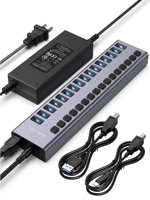 電源供給型USB 3.2ハブ、ACASIS 16ポートUSB 3.2ハブ（10Gbpsデータ速度）、アルミニウム筐体、96W電源アダプターで給電、PC/ノートパソコン、コンピューター、フラッシュドライブ、プリンター、
