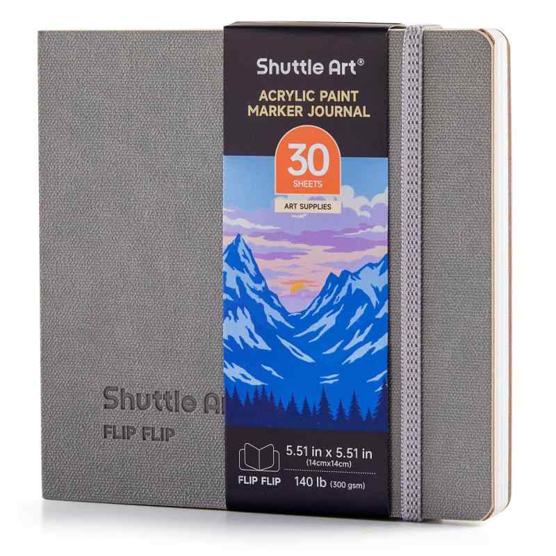 Shuttle Art ミニスケッチブック 30枚 アクリルマーカー用 水彩紙 約14cm×14cm 60ページ 300gsm 厚手 裏写り防止 無酸 180度フラット開き 保護シート付き アクリルペン用 水彩画用 アーティスト 初心【高品質な画用紙】約14cm×14cm（5.51×5.51インチ）のコンパクトサイズで、30枚（60ページ）があります。紙厚は140lb（300gsm）の中目加工で、無酸・裏写り防止となって、細密描写から大胆な塗りつぶしまで、思い通りに描き込むことができます。アクリルマーカーはもちろん水彩画にも適し、プロフェッショナルな仕上がりを実現します。【180度フラットに開く製本】ノートを完全に180度フラットに開くことができ、見開きの中央に段差が生じないため、2ページ全体を一つのキャンバスのようにシームレスに描くことが可能です。両面を使った作品制作もストレスなくでき、様々な画材にしっかり対応する実用的なスケッチブックです。【保護シート付属】各ジャーナルには専用の保護シート（スペーサーシート）が1枚付属しており、制作中のページの背面に挟むことで、インクや絵具の裏移りや汚れを防ぎます。完成したアート作品も未使用のページも清潔に保てるため、アクリル画の制作に最適です。ポケットサイズなのでバッグやポケットにすっきり収まり、屋外でのスケッチや旅行、ひらめきをすぐに描き留めたい場面にもぴったりです。【幅広い画材に対応】アクリルマーカーだけでなく、水彩、ガッシュ、インク、色鉛筆など、様々な画材にしっかり対応し、定着を良くし、発色を鮮やかに描けます。さらに無酸紙を使用しているため、作品は長期間にわたり色褪せにくく、美しい状態で保存可能です。アーティストから初心者まで幅広くお使いいただける、クリエイティブなギフトとしてもおすすめの一品です。