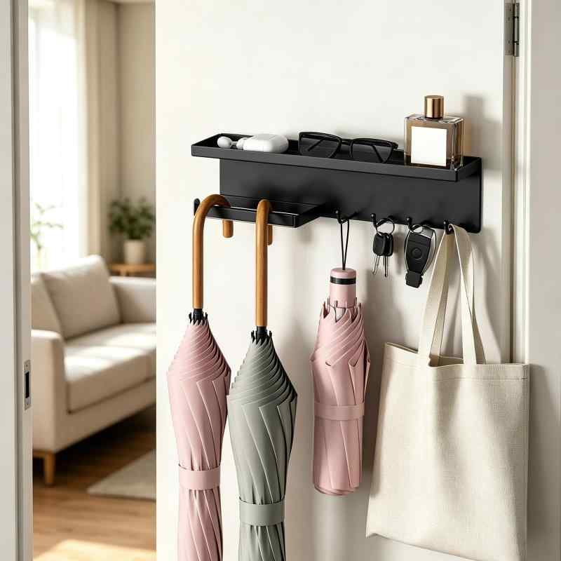 BOIVSHI マグネット 傘立て 小物収納 アンブレラスタンド 玄関 ラック 傘掛け 玄関ドア用 玄関収納 スリム トレー付き (ブラック）