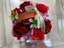 アレンジメントフラワー 造花 レザーフラワーバスケット 明るい赤ピンク系お花 お洒落なデザイン 洋風 ギフト