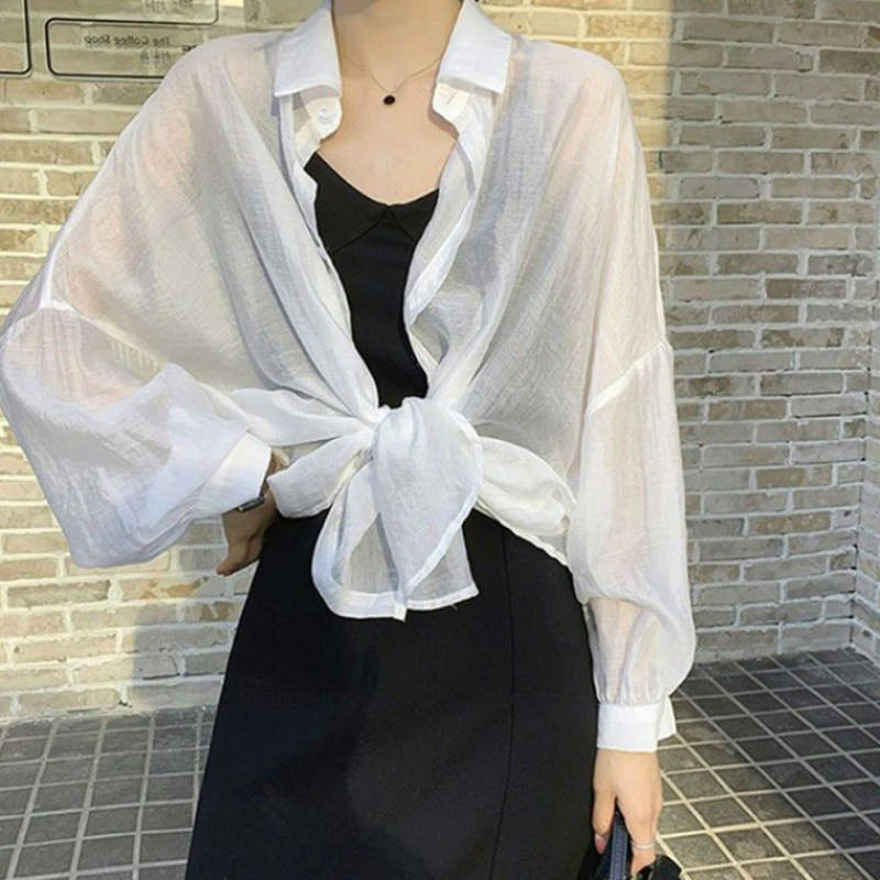 3点5% 5点8%クーポン! レディース ブラウス 透け素材 ロングシャツ 長袖シャツ シアーブラウス 羽織 トップス カジュアル 可愛い きれいめ おしゃれ お出かけ 学生 デイリー 普段着 ホワイト グリーン ブラウン フリーサイズのサムネイル