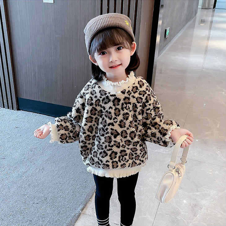 キッズ ニット セーター ヒョウ柄 立ち襟フリル トップス 長袖 女の子 可愛い 子供 小人 ガールズ ジュニア 韓国子供服 カジュアル クール セレカジ ベージュ ブラック オフホワイト 90 100 110 120 130 サイズのサムネイル