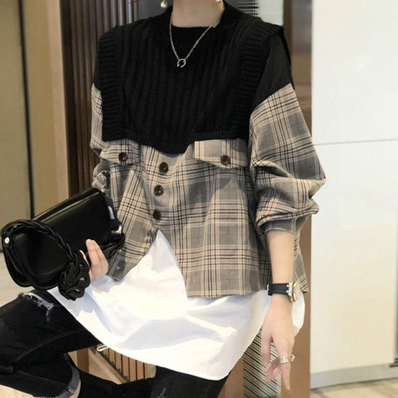 レディース トップス カジュアル シャツ レイヤード風 切り替え タータンチエック リブ クルーネック ニット 貝ボタン 大人大人可愛い カジュアル オータム感 秋 デイリー デート 普段着 学生 おしゃれ お出かけ ブラック ブラウン フリーサイズ