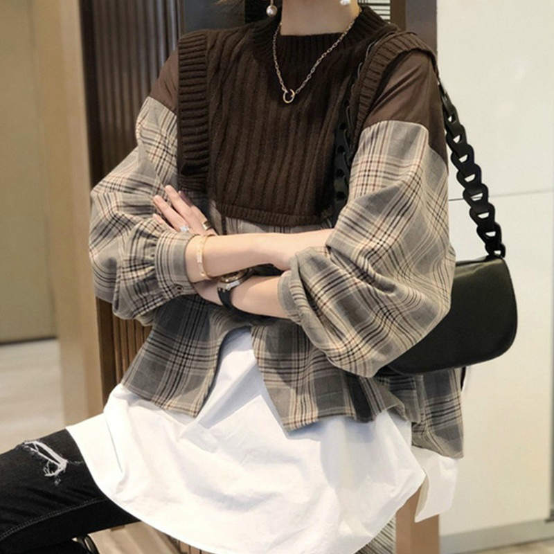 レディース トップス カジュアル シャツ レイヤード風 切り替え タータンチエック リブ クルーネック ニット 貝ボタン 大人大人可愛い カジュアル オータム感 秋 デイリー デート 普段着 学生 おしゃれ お出かけ ブラック ブラウン フリーサイズ