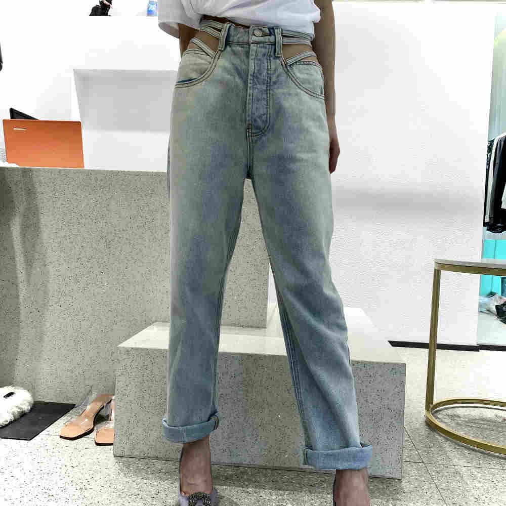 レディース デニムパンツ ストレートパンツ ハイウエスト ジーパン ジーンズ ボトムス カジュアル 大人かっこいい カットアウト クール セクシー セレカジ きれいめ おしゃれ お出かけ デイリー 普段着 ライトブルー S M L サイズ