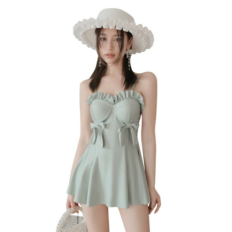 レディース 水着 ワンピース オフショルダー ガーリー 大人ガーリー 大人可愛い りぼん フリル 甘め シンプル カジュアル 夏 海 ビーチ リゾート 海水浴 プール ママ水着 学生 スイムウエア 夏休み 旅行 グリーン M L XL