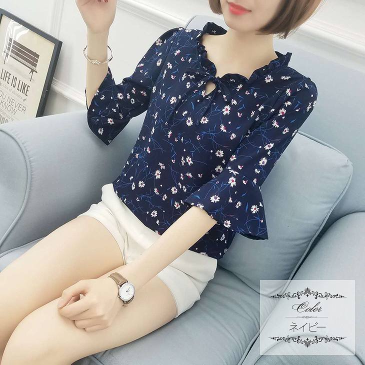 3点5% 5点8%クーポン! レディース トップス カットソー シフォン 7分袖 小花柄 総柄 ベルスリーブ ラウンドネック きれいめ 大きいサイズ カジュアル 大人可愛い エレガント フェミニン オフィス デート お出かけ フォーマル ネイビー イエロー ホワイトのサムネイル