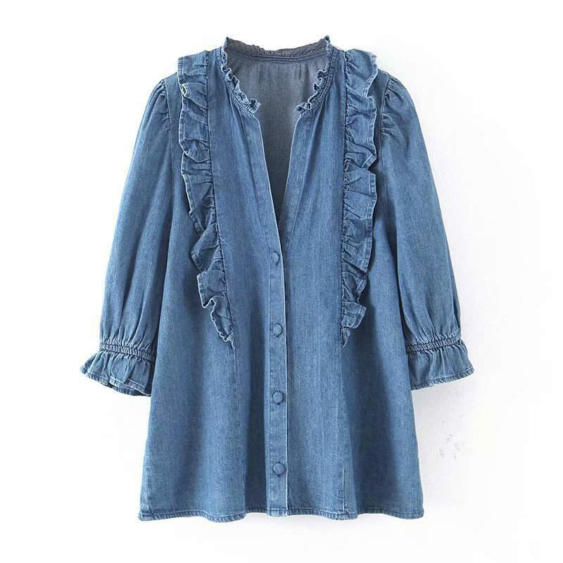 3点5% 5点8%クーポン! レディース デニムシャツ ブラウス Vネック フリル ロングシャツ シャツ トップス カジュアル 可愛い フェミニン きれいめ 上品 エレガント おしゃれ お出かけ オフィス ブルー S M L XL サイズのサムネイル
