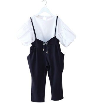 キッズ ジュニア 女の子 2点セット パフスリーブ 半袖 シフォン カットソー 8分丈 サスペンダー パンツ 無地 春夏 カジュアル キュート ホワイト×ブラック 120 130 140 150 160 170
