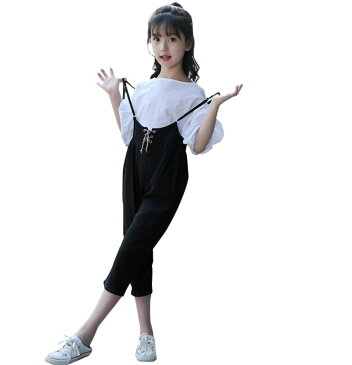 キッズ ジュニア 女の子 2点セット パフスリーブ 半袖 シフォン カットソー 8分丈 サスペンダー パンツ 無地 春夏 カジュアル キュート ホワイト×ブラック 120 130 140 150 160 170