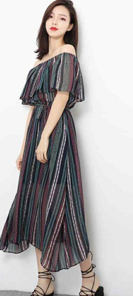 レディース 肩出し 肩見せ オフショルダー ワンピース ハイウエスト ミモレ丈 ストライプ 春 夏 スカート カジュアル 可愛い フェミニン きれいめ 上品 エレガント おしゃれ お出かけ デイリー ブルー ホワイト フリーサイズのサムネイル