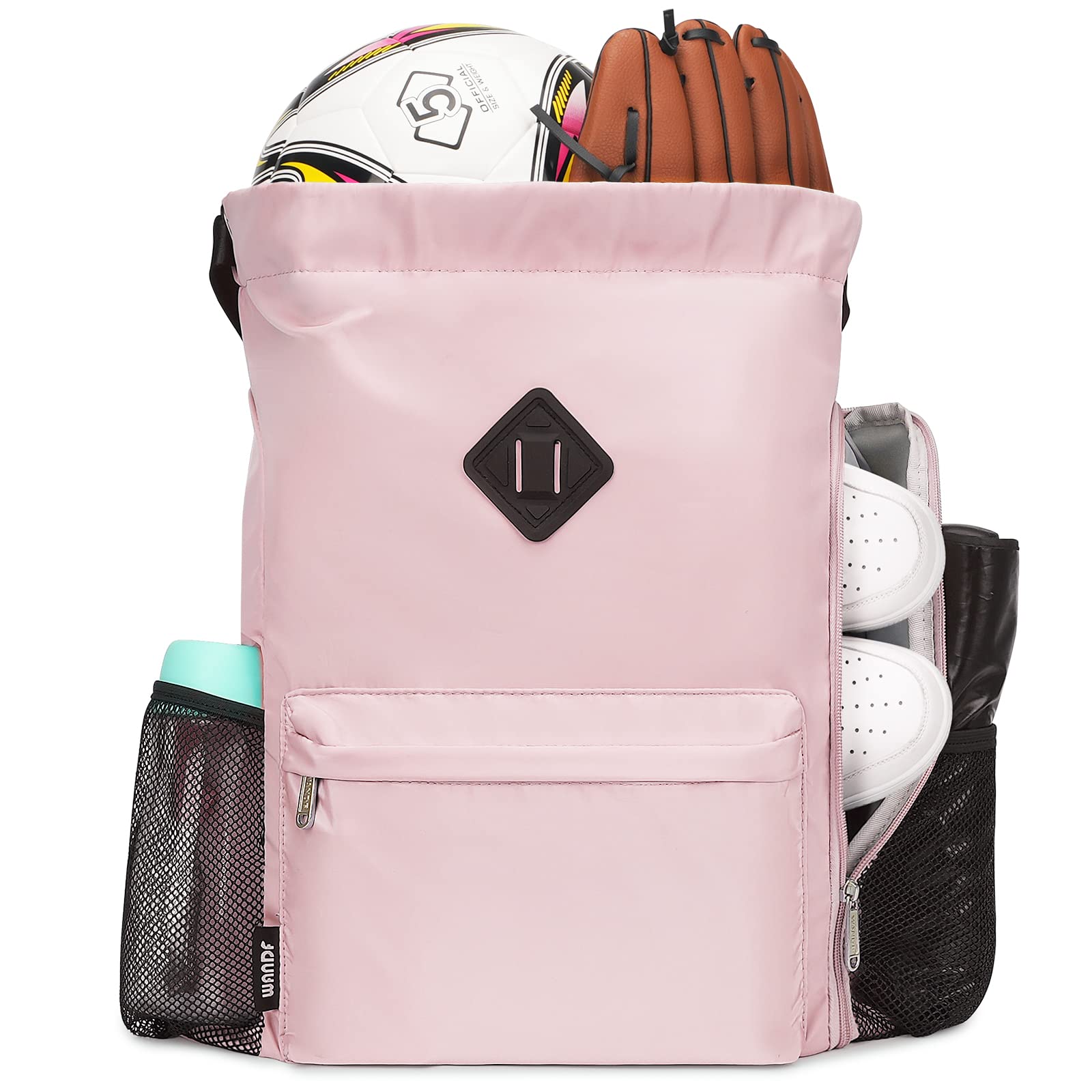 【送料無料】[WANDF] ナップサック シューズ収納ポケット付き ジムサック 防水 軽量 水泳 部活 運動 旅行（ピンク）(4)