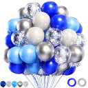 Partyda バルーン 風船 60個入り 風船 銀色 青 灰色の風船 ゴム風船 豪華セット 誕生日 飾り付け ラテックス風船 紙吹雪風船 メタリック風船 バー...
