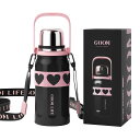 GOOM 水筒 保温ボトル 900ml 大容量 魔法瓶 コップ付き 茶こし付き ストラップ付き ワンタッチ 保温 保冷 ステンレスボトル 真空断熱 軽量 漏れ防止 洗いやすい オシャレ 携帯便利 スポーツ アウトドア バレットカップ(ブラックピンク)(3)