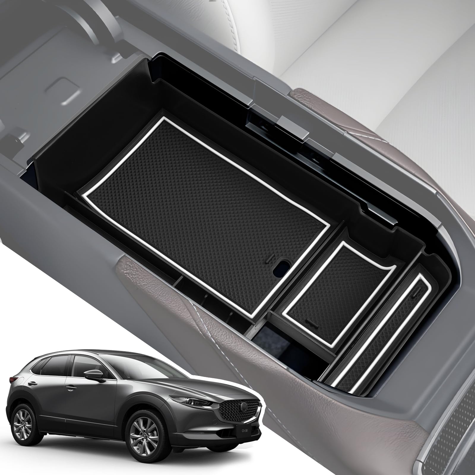 【送料無料】LANGBEAN マツダ CX-30 DM系 (2019.10〜現行) 専用 コンソールトレイ コンソールボックス 収納ボックス 内装パーツ カスタムパーツ マツダアクセサリー 小物入れ ガタガタ音なし ラバーマット付き 滑り止め （ホワイト）