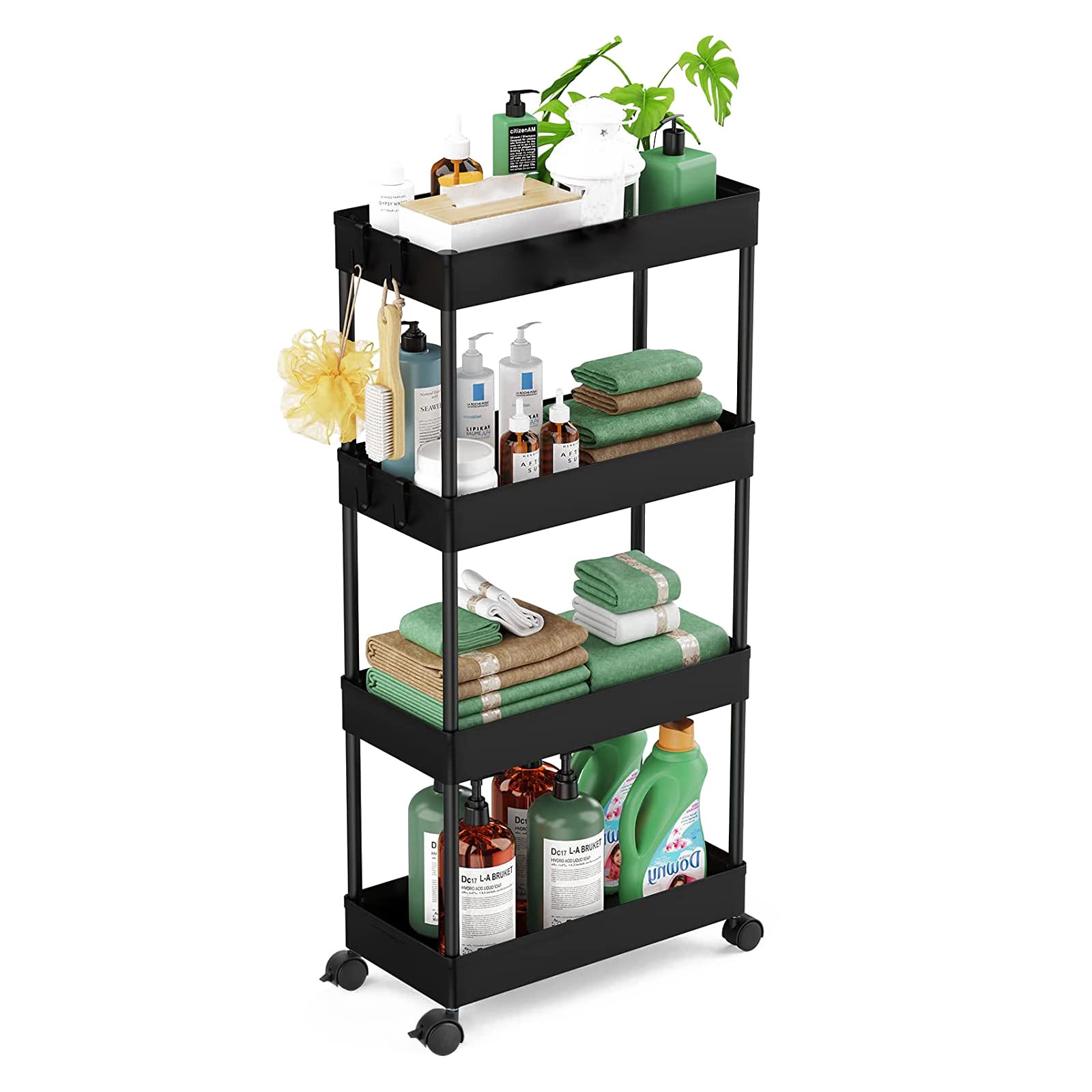 【送料無料】SVOHZAV キッチンワゴン 隙間収納 キャスター付き 13cm 18cm 22cm ペットボトルラック 冷蔵庫横 洗面所 収納 隙間ラック 3段 4段 スリムワゴン 細い棚 調味料棚 (13.5cm-[四段式], ブラック)