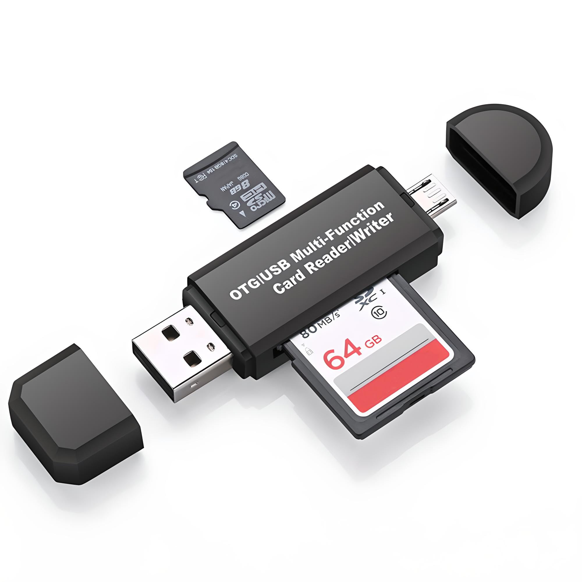 【送料無料】SDメモリー カードリーダー USBマルチカードリーダー 多機能 OTG SD/Micro SDカード両対応Micro usb/USB接続 Windows/New Macbook/Huawei/Xperia/ASUS/Androidなどの機種に対応 (USB2.0端子とMicro USB端子, ブラック)