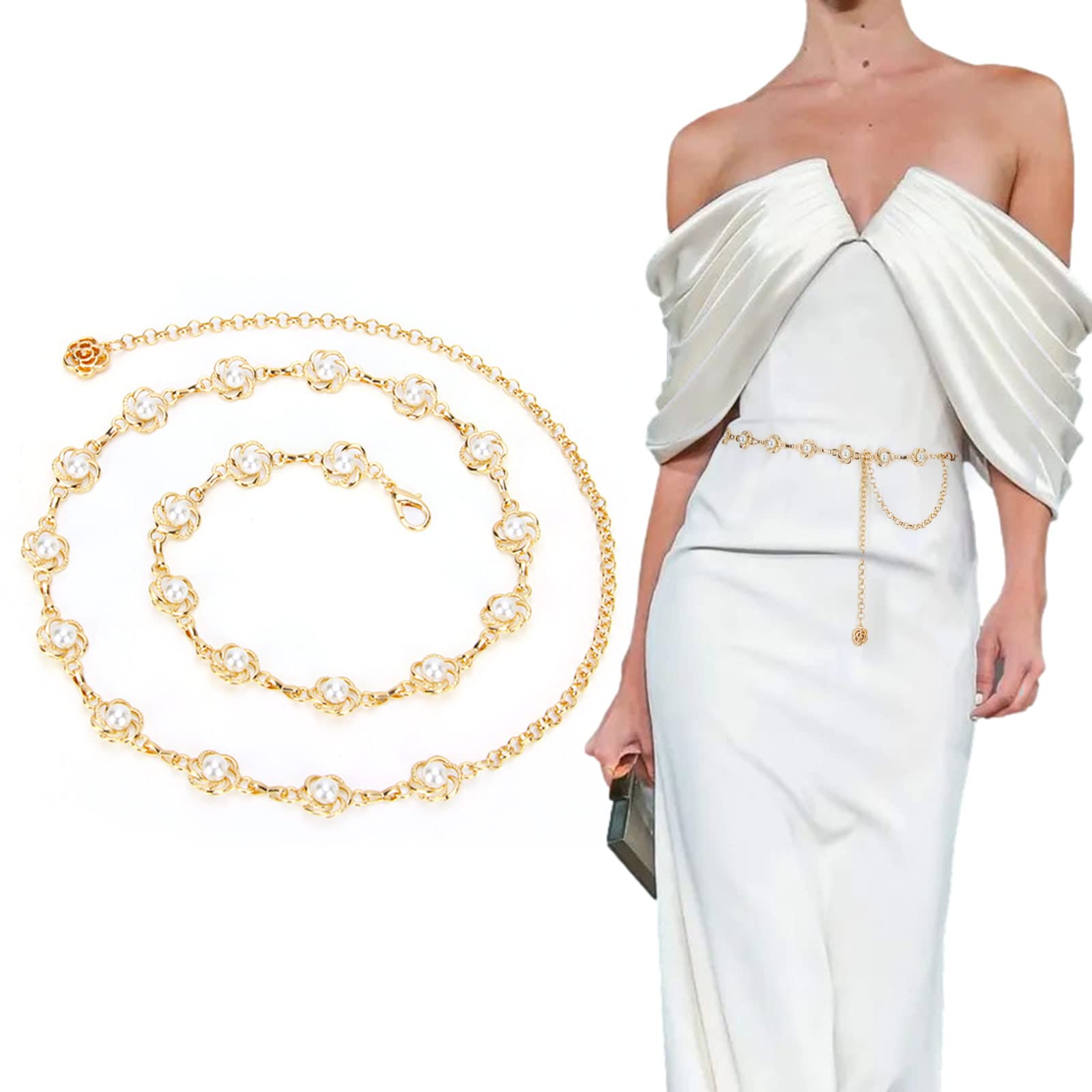 【送料無料】Doyime チェーンベルト パール ウエストベルト レディースベルト 花 真珠 ドレスの装飾 飾..