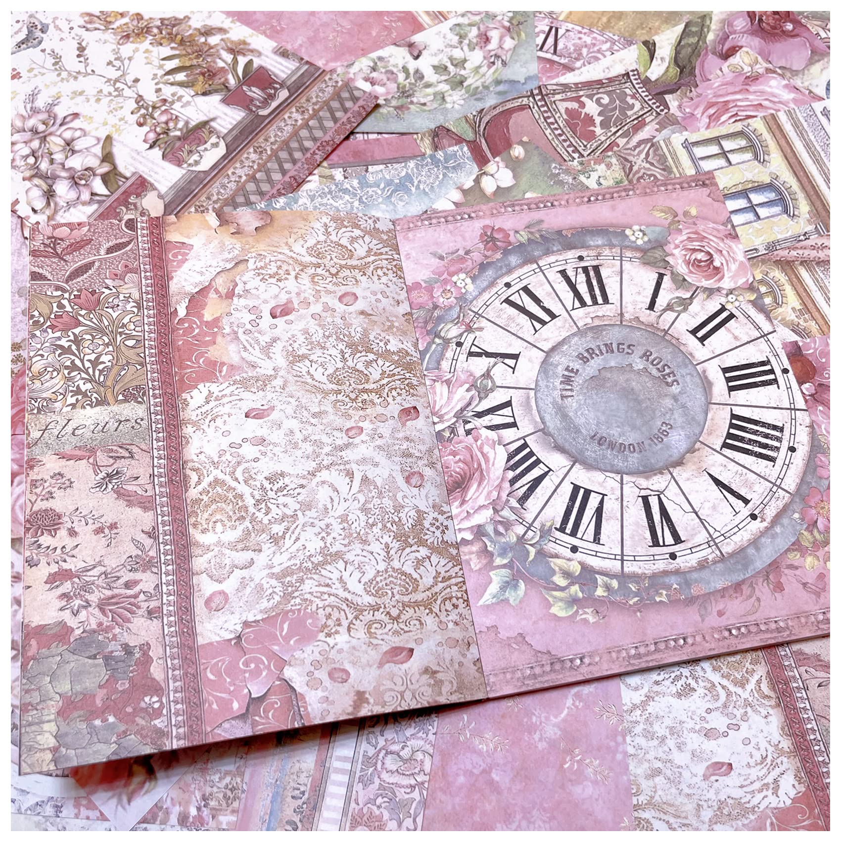 【送料無料】コラージュ 素材 デザインペーパー 詰め合わせ Arpaper シール レトロ 両面印刷 素材紙 背景紙 紙もの ペーパー おしゃれ かわいい コラージュノート 40枚セット ヴィンテージ クラシック アンティーク 花 英字 時計 猫 (ピンクの世界2)