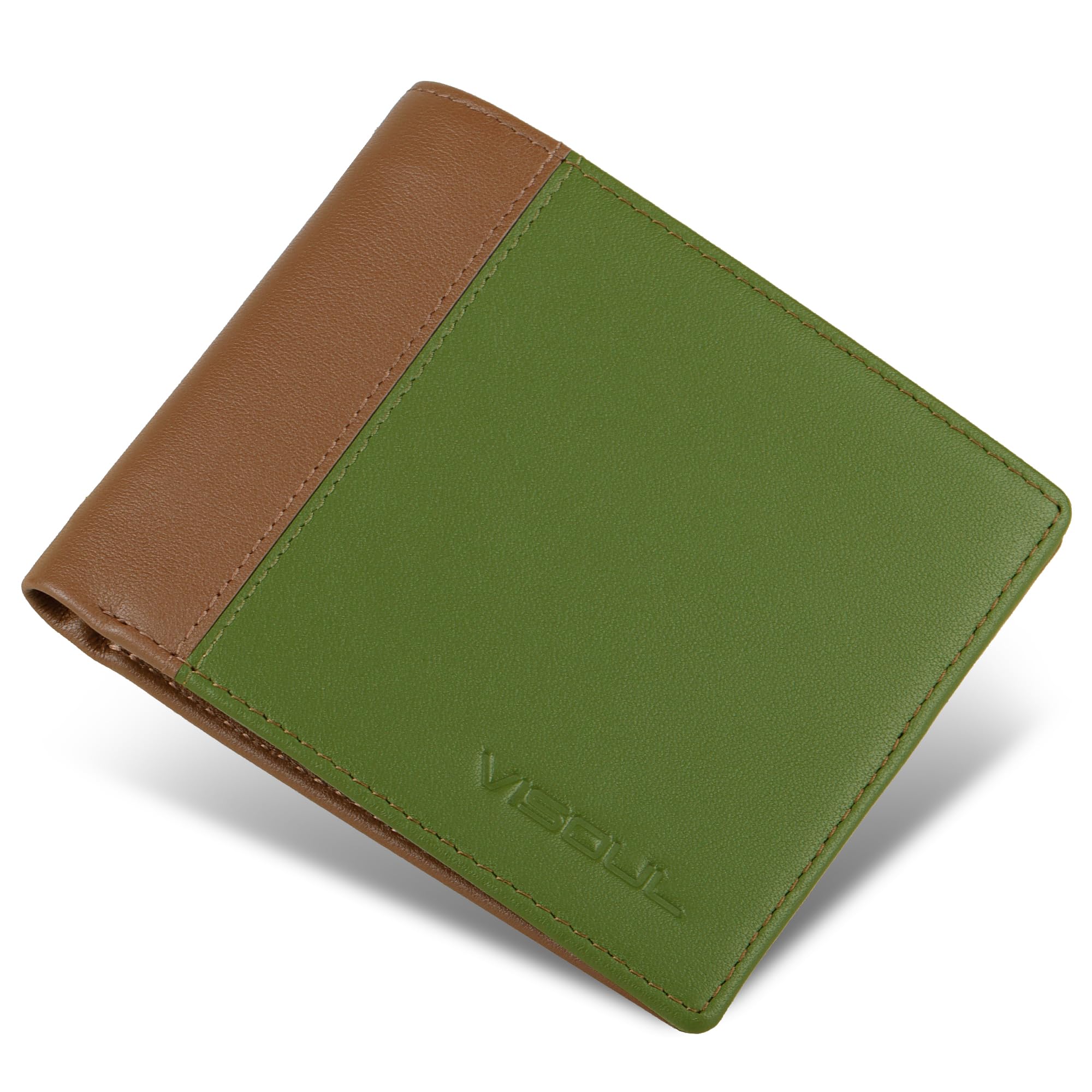 【送料無料】[VISOUL] 札入れ 財布 メンズ 二つ折り 本革 9枚カード入れ 写真入れポケット 小銭入れなし 免許証入れ 超薄型 大容量 札入れ 小銭入れなし 2つ折り人気 一流の革職人が作る グリーン・チョコレート