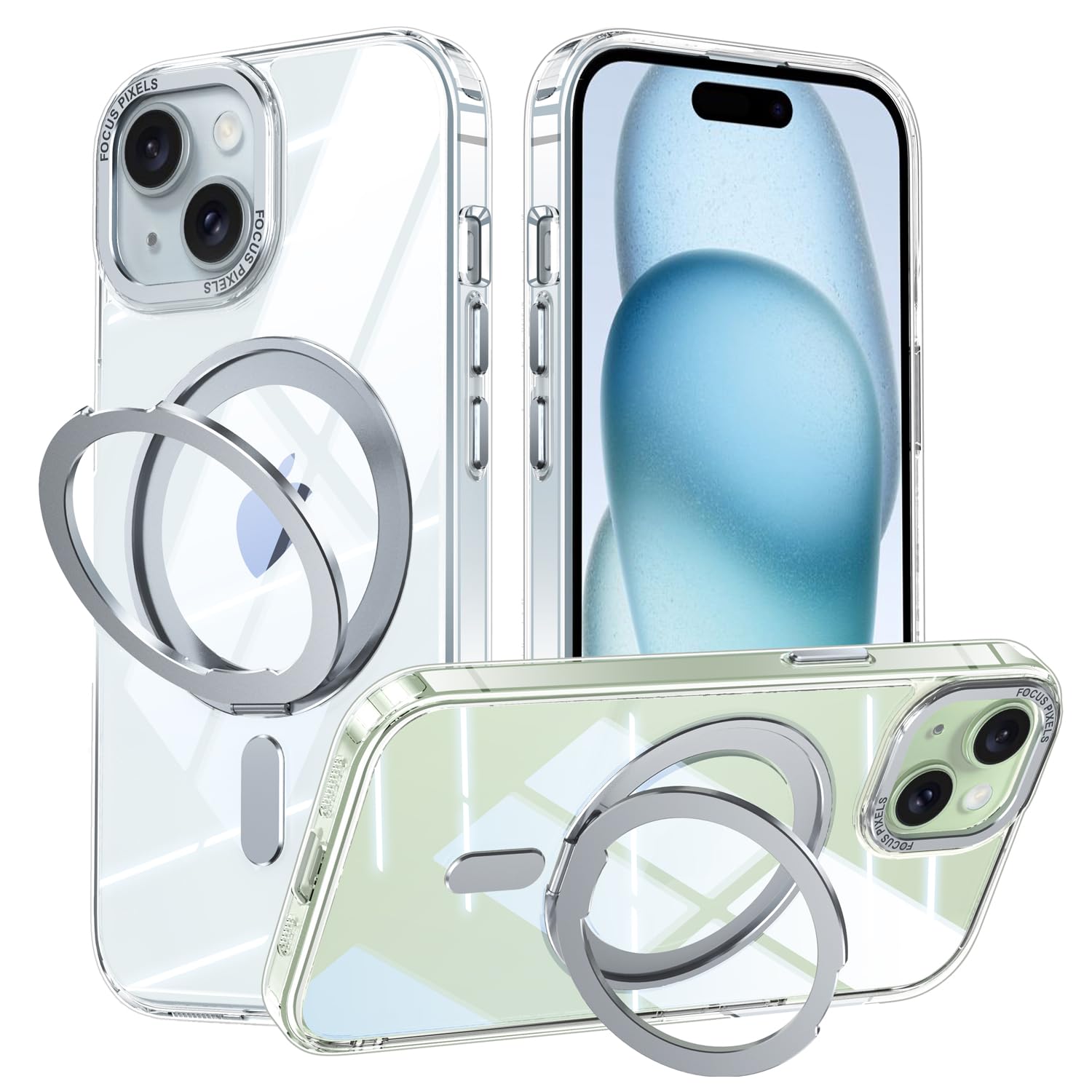 【送料無料】iPhone 15 適用 ケース MagSafe対応 隠し収納式 多機能一体スタンド アイフォン15 カバー OURJOY スマホケース マット感 半透明 米軍規格 耐衝撃 カメラレンズ保護 あいほん15 ワイアレス充電 ストラップホール付き・クリア