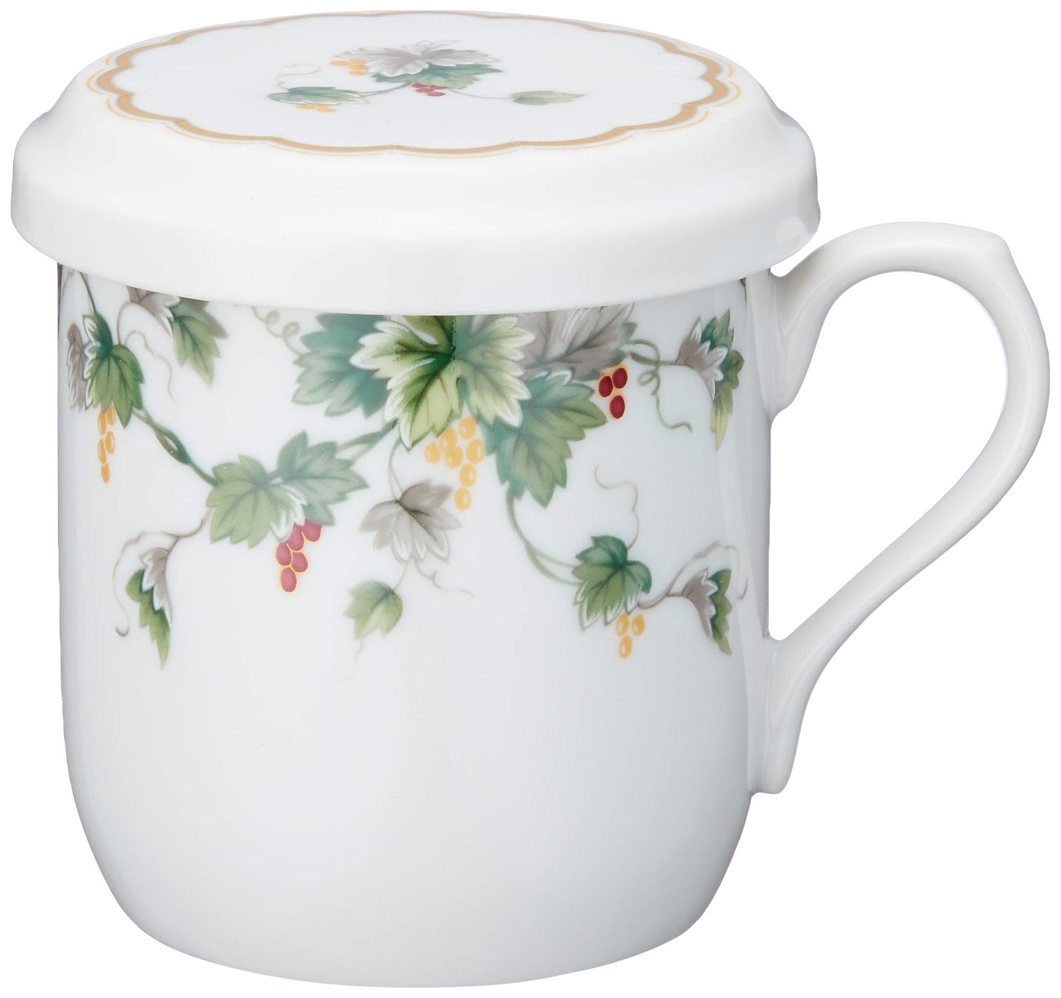 【送料無料】NARUMI(ナルミ) フタ付 マグカップ アルページュ 290cc グリーン ブドウ柄 かわいい 茶こし付 蓋付きマグカップ 母の日 プレゼント 電子レンジ温め対応 日本製 ギフト箱入り 7950-32930