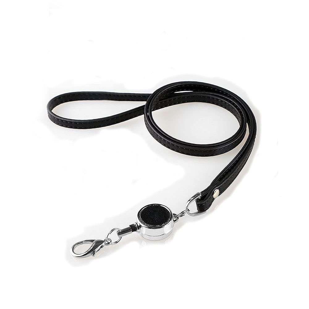 【送料無料】リール付き ネックストラップ 本牛革 レザーネックストラップ (Black)