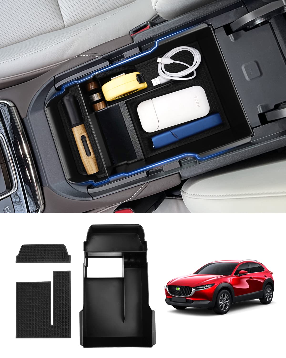 Auto Spec マツダ CX-30 DM系 コンソールボックス MAZDA CX30 2019年10月〜 センターコンソールトレイ コンソールボックス 小物入れ 収納ボックス 車種専用 内装 パーツ ラバーマット付き 滑り止め カスタムパーツ インテリアパーツ 収納アクセサリー コイン収納 取付簡