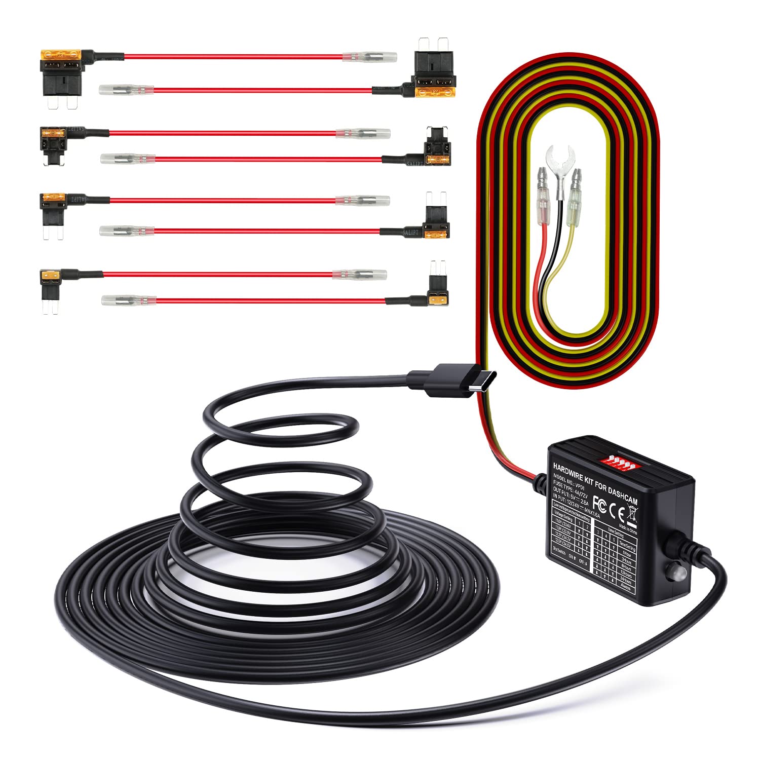 【送料無料】VANTRUE VP01 直結電源ケーブル ドライブレコーダー用 Type-C ポート 3芯常時電源ケーブル ACC連動 タイマー設定 低電圧保護 アイドリング対策品N5/N4 Pro/N4/E3/E2/E1/E1Lite/N2S/X4S/X4S DUO/T3ドラレコに対応 ヒューズホルダー*2セット