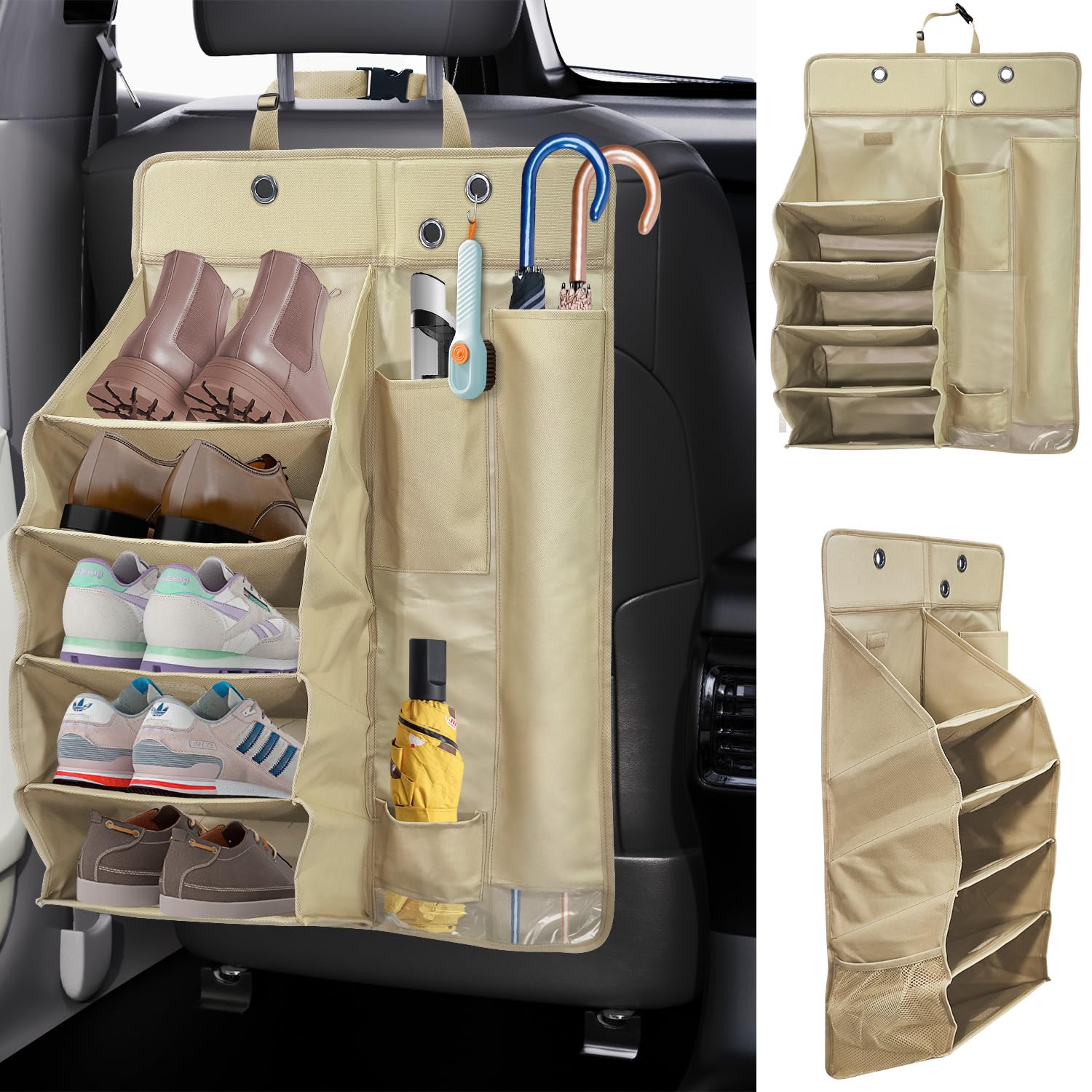 【送料無料】iKristin 車用マルチシューズラック&傘入れ カーシューズラック 5段 車用収納ラック靴入れ 傘立て 傘ホルダー 小物収納グッズ 下駄箱 折りたたみ式 車用収納ボックス ハイエースやNV350など 多車種対応 梅雨対策 車中泊 土足禁止(ナチュラル)