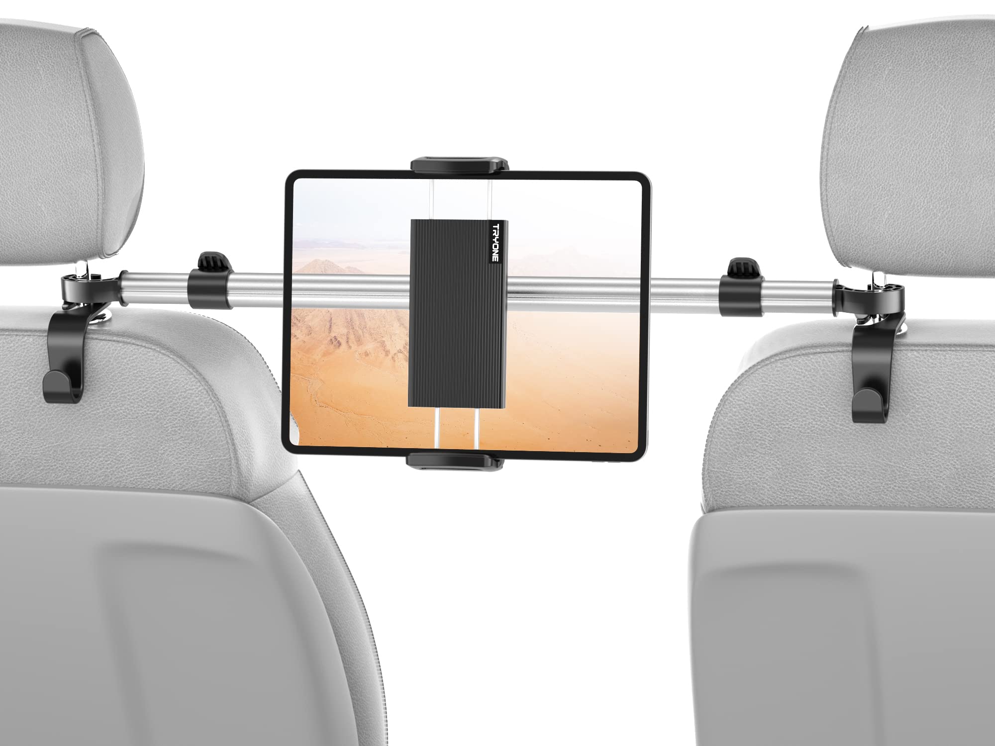 【送料無料】TRYONE タブレットホルダー 車載ホルダー ヘッドレスト ホルダー 後部座席用 伸縮アーム 長さ調整 タブレットスマホ両用車載ホルダー360°回転可能 防振機能アルミニウム 可ヘッドレストマウント 4.7-12.9インチ対応 収納フック2個付