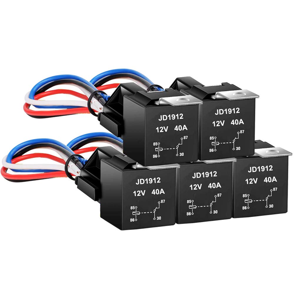 【送料無料】Kiligen 5個 JD1912 4極リレー車用 DC12V 40A 12AWG ハーネス付き カーリレーSPSTリレーソケットプラグ 自動車およびトラックバン用