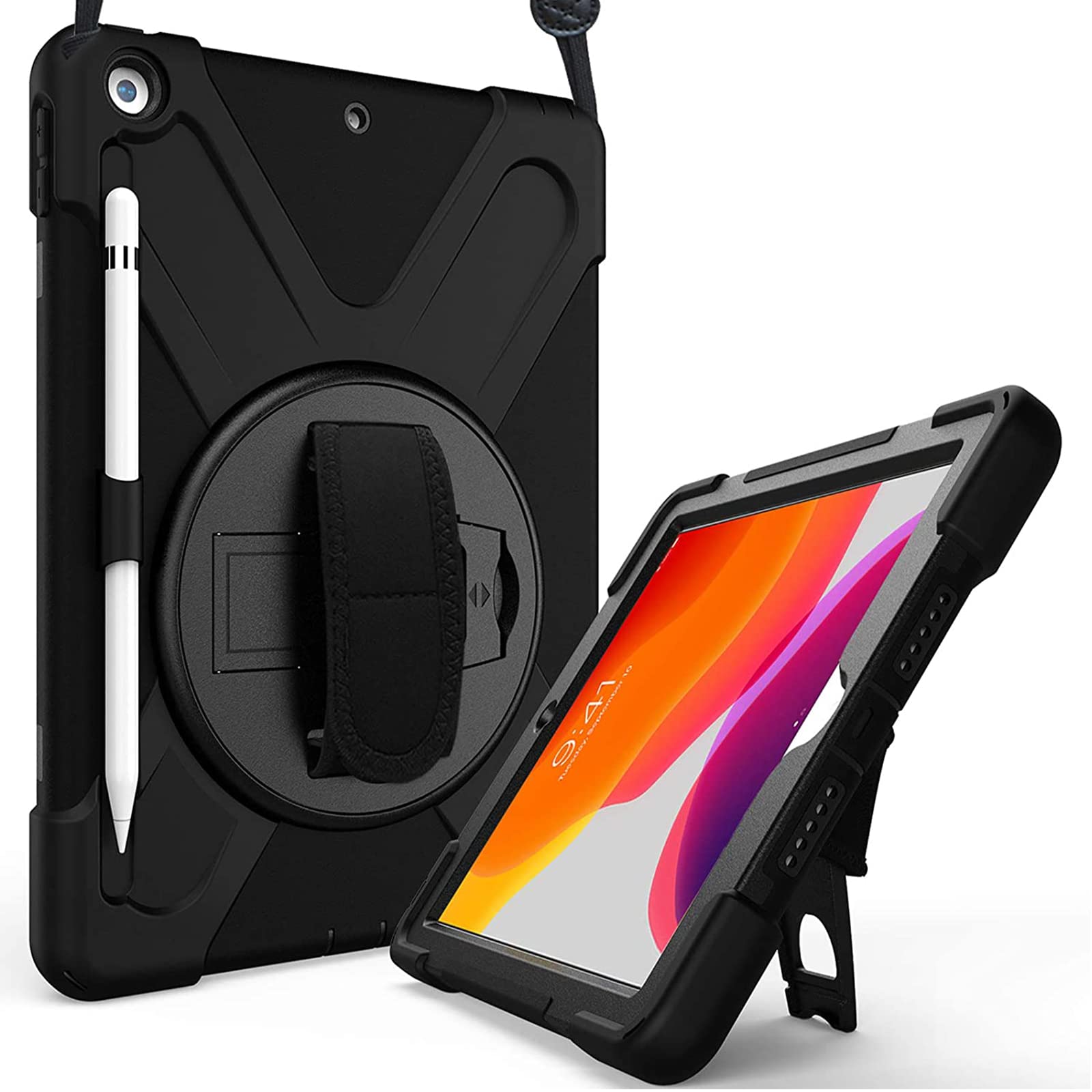 【送料無料】ProCase iPad 9/8/7 ショルダーケース 10.2”肩掛け式 耐衝撃カバー（2021 2020 2019) ペン収納 360°回転スタンド 手首付き 3層保護デザイン 現場作業 子供用 -ブラック