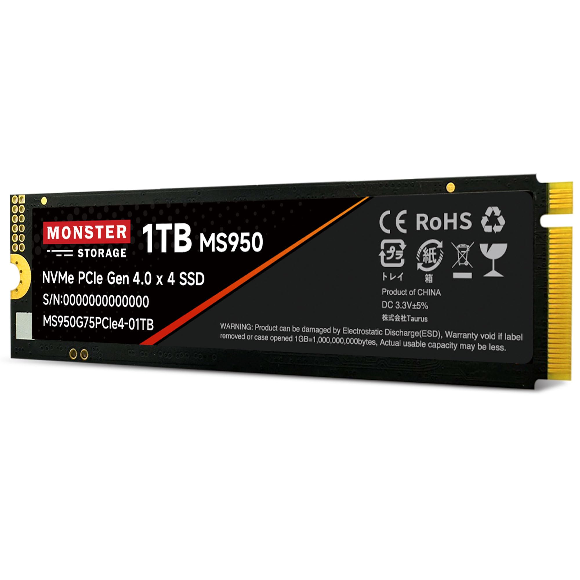 【送料無料】Monster Storage NVMe SSD PCIe Gen 4×4 PS5確認済み M.2 Type 2280 内蔵 SSD 3D TLC 国内正規品 メーカー5年 色：ブラック、サイズ：1TB