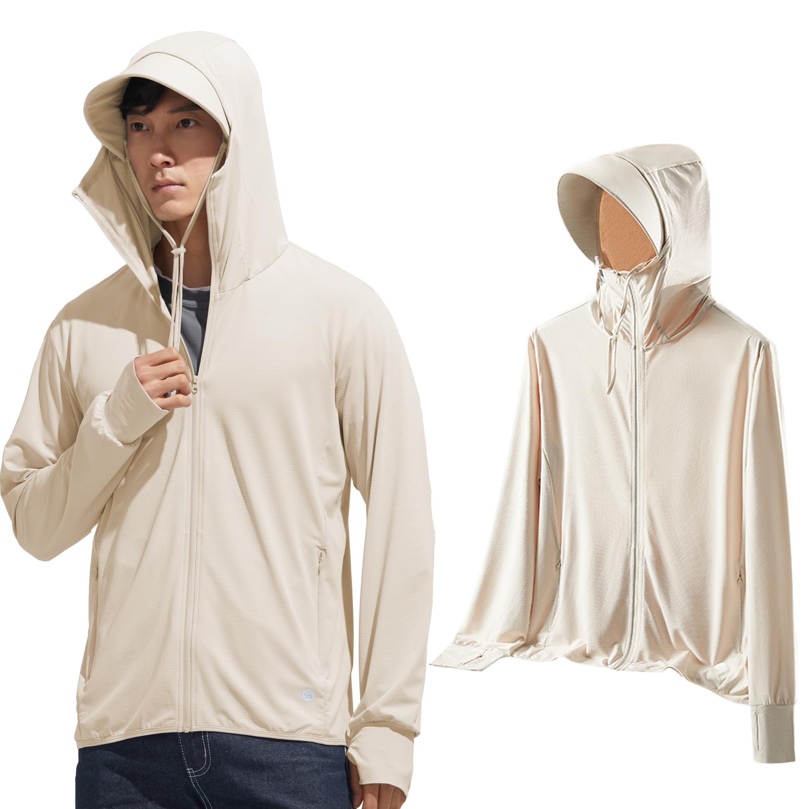 【送料無料】[KANGNAN] ラッシュガード メンズ 【UVカット＆UPF50+】薄手 長袖 パーカー 軽量 涼しい 冷感 トップス 日焼け止め 水着 紫外線対策 速乾通気性 海 アウター 無地 おしゃれ 春夏秋用 色：A7-ベージュ、サイズ：2XL