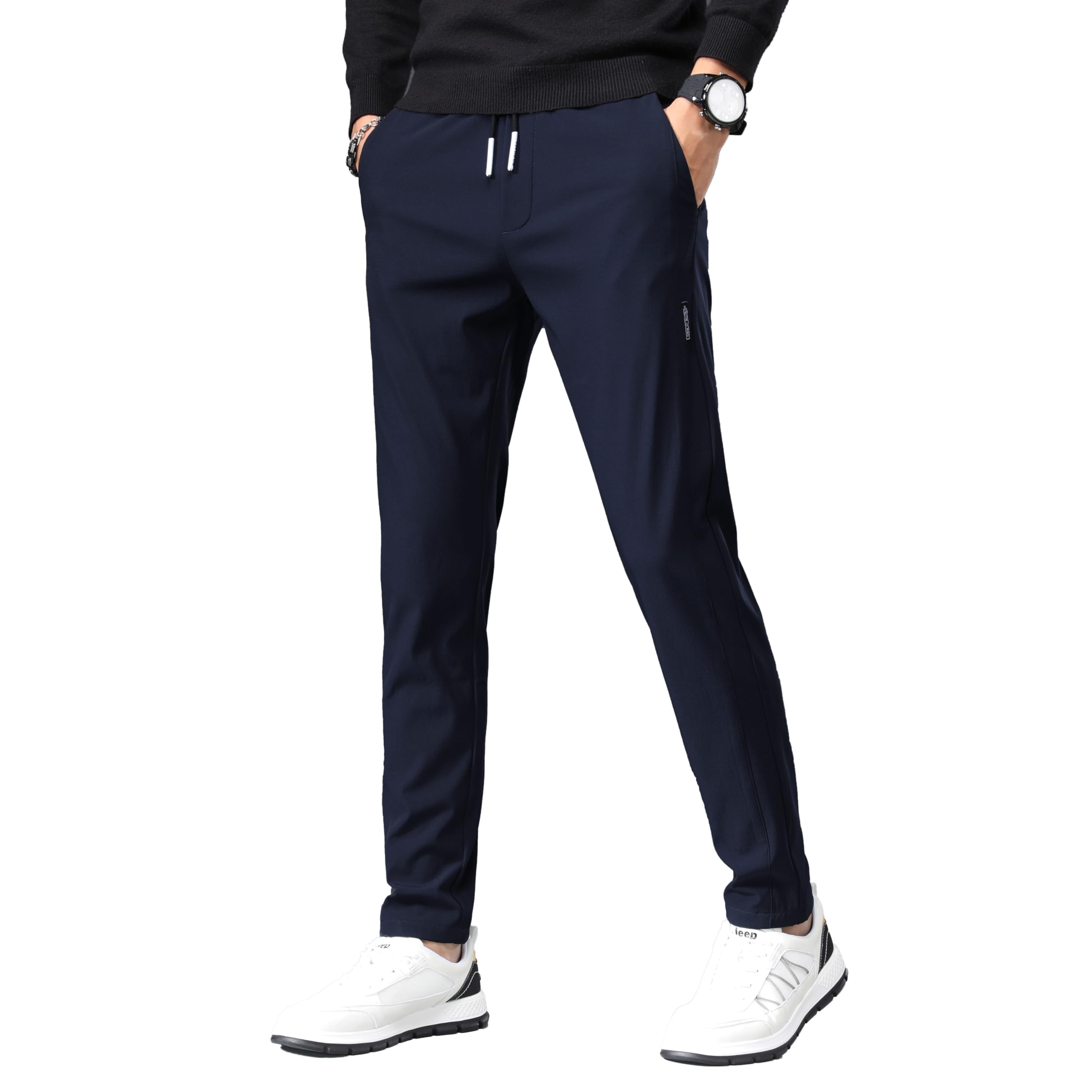 【送料無料】ズボン メンズ パンツ ジョガーパンツ 軽量 ストレッチ スウェットパンツ テーパードパンツ ボトムス 無地 レギパン メンズ イージーパンツ 部屋着 ボトムス 標準モデル 調整紐 ウエストゴム 春夏秋冬 色：A3-ネイビー（前閉き調整紐）、サイズ：28