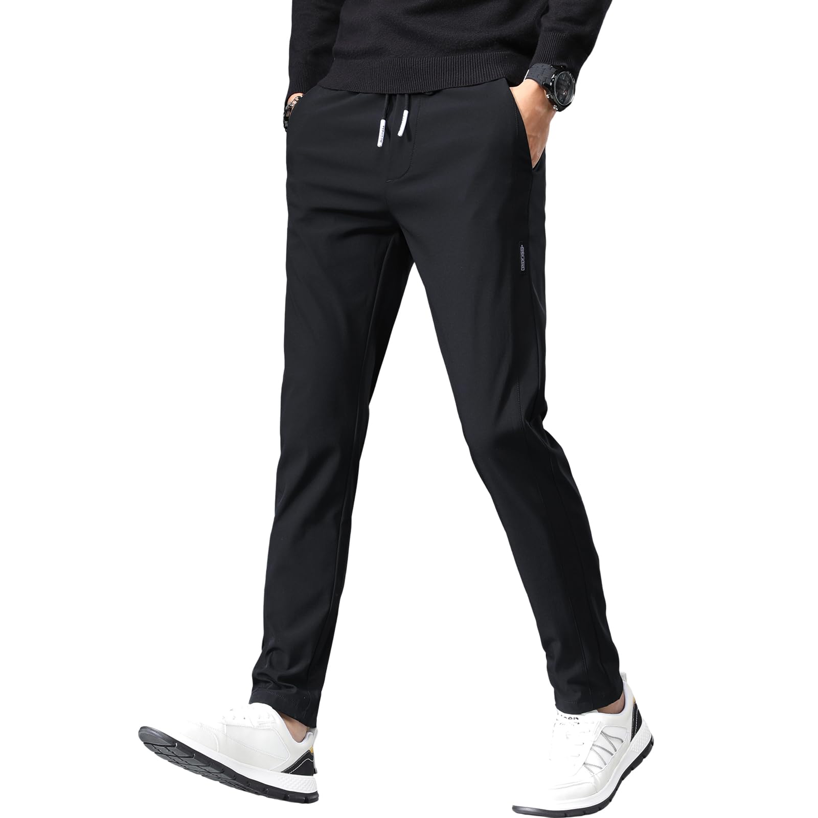 【送料無料】ズボン メンズ パンツ ジョガーパンツ 軽量 ストレッチ スウェットパンツ テーパードパンツ ボトムス 無地 レギパン メンズ イージーパンツ 部屋着 ボトムス 標準モデル 調整紐 ウエストゴム 春夏秋冬 色：A1-ブラック（前閉き調整紐）、サイズ：31